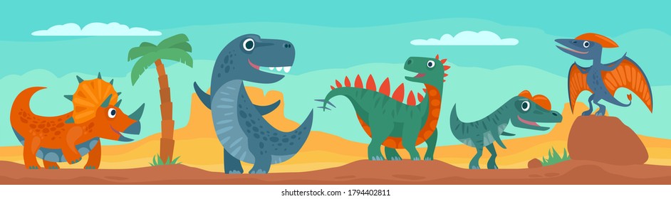 Dinosaurs, mountains, palm, cactus and sky with clouds. Vector colorful flat illustration on panorama desert. Design for t-shirt or web. For horizontal banner