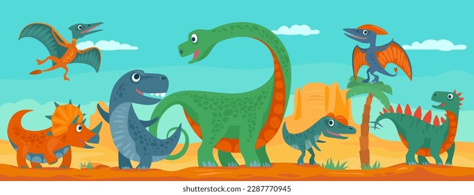 Dinosaurs, mountains, palm, cactus and sky with clouds. Vector colorful flat illustration on panorama desert. Design for t-shirt or web. For horizontal banner