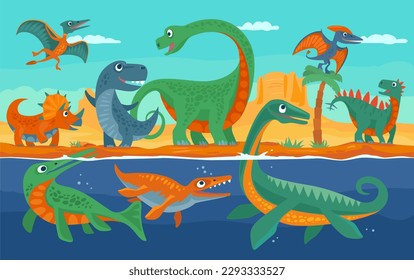 Dinosaurs, mountains, palm, cactus and sky with clouds. Vector colorful flat illustration on panorama desert and sea. Design for t-shirt or web. For horizontal banner