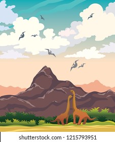 Dinosaurs, mountains and prehistoric plants on a blue cloudy sky background. Vector nature landscape with extinct animals - pterodactyl and diplodocus. 