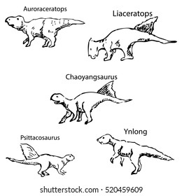 Dinosaurs with names. Pencil sketch by hand