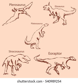 Dinosaurs with names. Pencil sketch by hand. Vintage colors. Vector