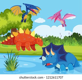 Dinosaurs in nature scene illustration