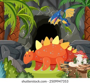Dinosaurs near a cave in lush jungle