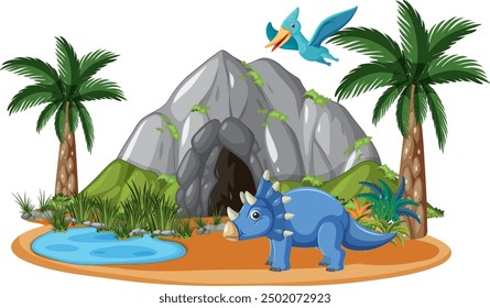 Dinosaurs near cave and palm trees