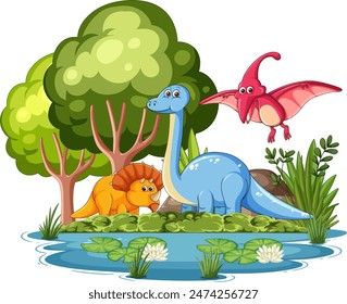 Dinosaurs near a pond with trees