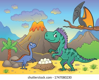 Dinosaurs near volcano image 2 - eps10 vector illustration.