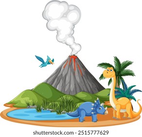 Dinosaurios cerca de un volcán y un estanque