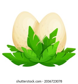 Dinosaurs nest with eggs and grass in cartoon style isolated on white background. Prehistoric shell, reptile baby. . Vector illustration