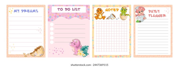 Dinosaurs note pad set vector illustration. Kids schedule design template. Blank childish note stickers with colorful dino. Memo pad with dinos, Vector colorful illustration. Ready to print