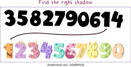 Dinosaurs number set with shadows to find the correct one. Compare and connect objects and their true shadows. Logic game for children.
