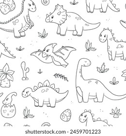 Dinosaurs nursery seamless pattern with hand drawn monochrome doodles for wallpaper, coloring books, stationary, textile prints, wrapping paper, etc. EPS 10