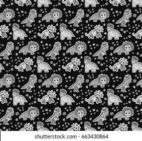Dinosaurs objects gray scale seamless pattern. Color vector illustration. EPS8