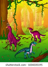 Dinosaurs on the background of forest