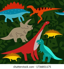 Dinosaurs on background of tropical leaves. Dino cartoon characters. Seamless smooth animal pattern