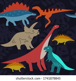 Dinosaurs on background of tropical leaves. Dino cartoon characters. Seamless smooth animal pattern