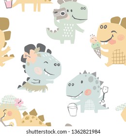 Dinosaurs on beach baby cute seamless pattern. Sweet dino summer leisure print. Cool design illustration for nursery, baby t-shirt, kids apparel. Eat ice cream, drink cocktail, make photo, dancing