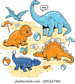 Dinosaurs on the Beach, Dinosaurs and Friens, Playing Sands, Beach Party, Vector Illustration, Fun and Cute Dinosaurs