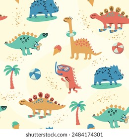 Dinosaurs on the beach seamless pattern. Cute cartoon dino with lifebuoy, surfboard, fins, palm, ice cream, and lemonade in flat style.