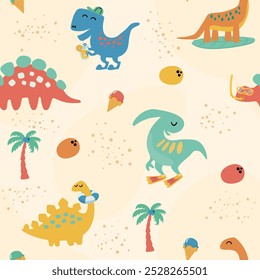 Dinosaurios en la playa sin patrón. Adorable dino de dibujos animados con boya salvavidas, tabla de surf, aletas, palma, coco, helado y limonada en estilo plano.