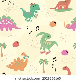 Dinossauros na praia padrão sem costura. Dinos de desenhos animados bonitos com boia salva-vidas, prancha de surfe, barbatanas, palma, coco, sorvete, música e limonada em estilo plano.