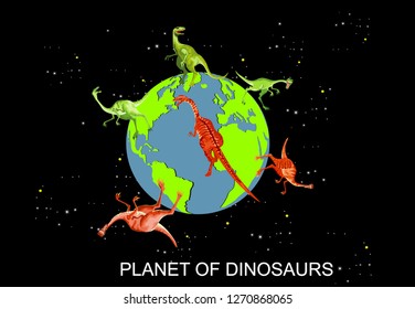 Dinosaurs on  earth globe vector colored  concept illustration