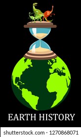 Dinosaurs on hour glass, globe vector colored  concept illustration