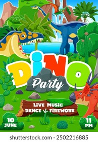 Dinosaurs on kids birthday party flyer. Vector invitation poster, promotion template for children event celebration with funny cartoon prehistoric dino in Jurassic environment landscape with waterfall