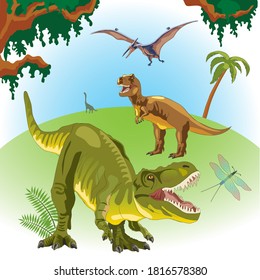 Dinosaurs on a landscape background. Prehistoric era. Mesozoic era. Tyrannosaurus Rex green. A pterodactyl flies in the sky. T-Rex. Fern, palm, creepers.