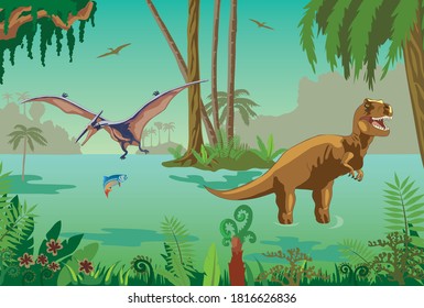 Dinosaurs on a landscape background. Prehistoric era. Mesozoic era. Tyrannosaurus Rex green. A pterodactyl flies in the sky. T-Rex. Fern, palm, creepers. A dinosaur stands in a swamp. Dino fishing.