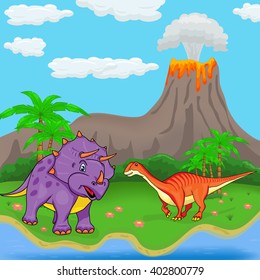 Dinosaurs on the nature background illustration with volcano