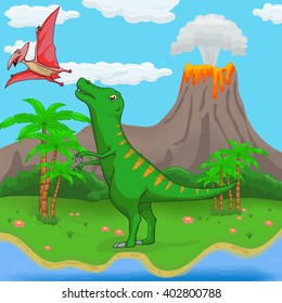 Dinosaurs on the nature background illustration with volcano