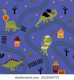 Dinosaurios en un patrón de carretera sin fisuras. Dinos en el vestuario para hacer trucos o golosinas. Fondo de Halloween.