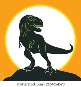 Dinosaurs on rock mountain at sunset. Vector illustration isolated on white background