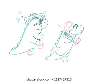 Dinosaurs on roller skates with ice cream and music player in line art color style isolated on white