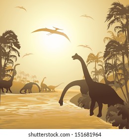 Dinosaurs on Tropical Jurassic Landscape