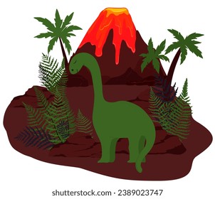 Dinosaurs on the valley. A volcano in the Jurassic period. Vector illustration. isolated. Fern. 