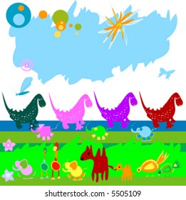 dinosaurs and other little animals on a field