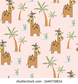 Dinosaurs with palm trees and cacti. Children's seamless pattern for wallpaper, packaging, gifts. Vector image.
 
