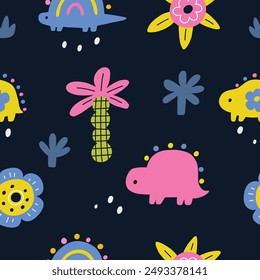 Patrón de dinosaurios y palmas. Ilustración textil de fondo de dino bebé. Lindo patrón con animales de bebé dinosaurio para niños