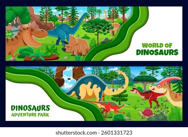 Dinosaurs park paper cut banners. Paleontology dino park vector papercut banner with brontosaurus, triceratops, tyrannosaur, brachiosaurus and melanorosaurus, carnotaurus, anatotitan characters