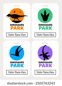 Dinosaurs park visitor badge multicolor template. Tyrannosaurus, pterosaur, plesiosaur and foot print.