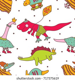 Dinosaurs at the party. Cute baby seamless pattern.