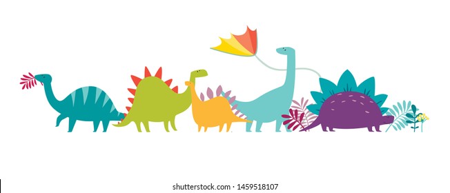 Dinosaurs party doodle hand drawn vector  illustration. Cute Dinos illustrations set. Happy T-rex character cartoon card isolated on white background