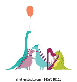 Dinosaurs party doodle hand drawn vector  illustration. Cute Dinos illustrations set. Happy T-rex character cartoon card isolated on white background