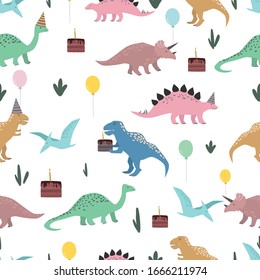 Dinosaurs party seamless pattern. Colorful cute characters with birthday party attributes on white background. Hand drawn vector wrapping paper template.