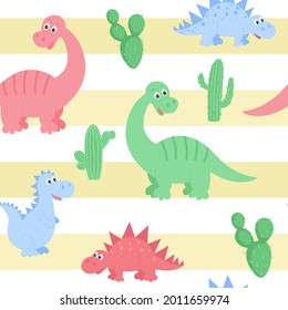 Dinosaurs pattern with cactuses on the background of sand stripes, vector illustration. Background with cute dino for kids wallpaper, packaging, fabric and textile. Template of wild animals.