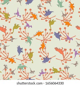 Dinosaurs pattern illustration.Prehistoric creatures cartoon dino .Colorful creatures on a bright background.Wild animals.Jurasic period.Pterosaur