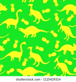 Dinosaurs and pineapples. Green seamless pattern