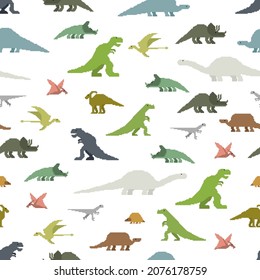 Dinosaurs pixel art seamless pattern. 8bit Dino texture. pixelated Prehistoric monster lizard background. Ancient animal cartoon style. Childrens cloth ornament. Vector illustration
